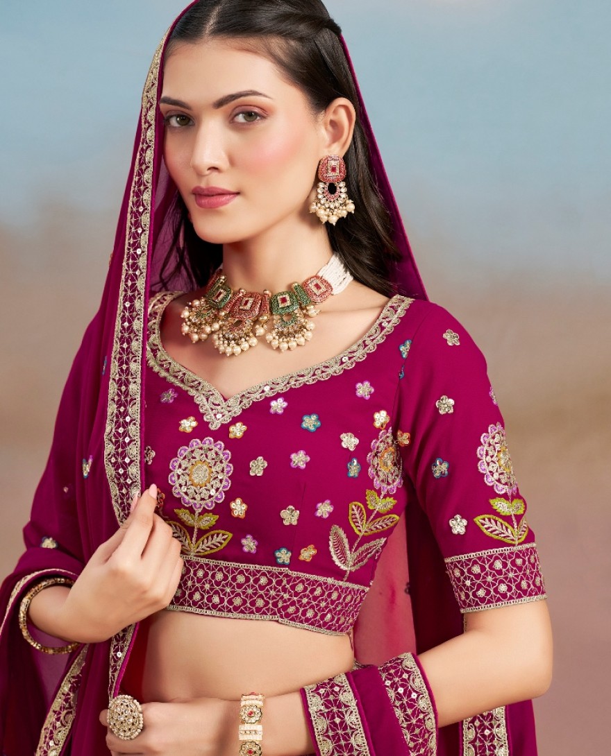 6008-PINK - Stunning Pink Thread Work Georgette Engagement Wear Lehenga With Blouse